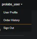 User dropdown menu with profile and order history options
