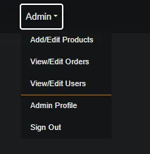 Admin dropdown menu with product, order, user and profile options