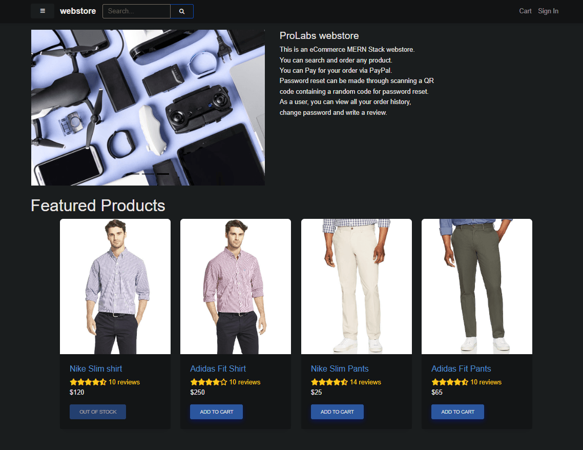 ProGeeks webstore homepage with featured products
