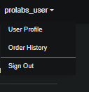 User dropdown menu with profile and order history options