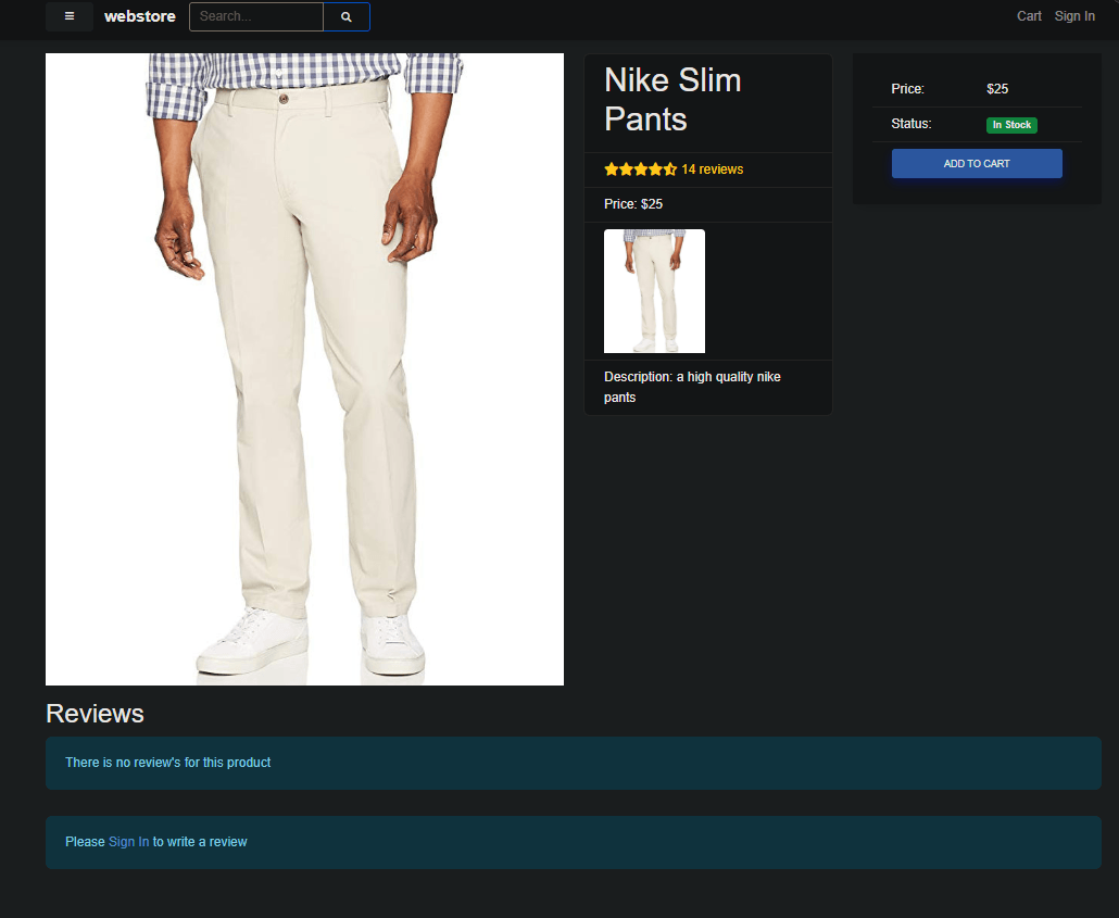 Product details page with image, price, stock status and reviews