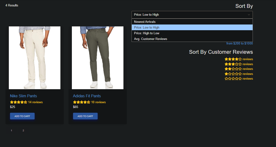 Search results page with product sorting and review filters