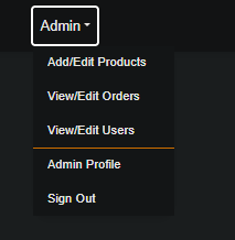 Admin dropdown menu with product, order, user and profile options