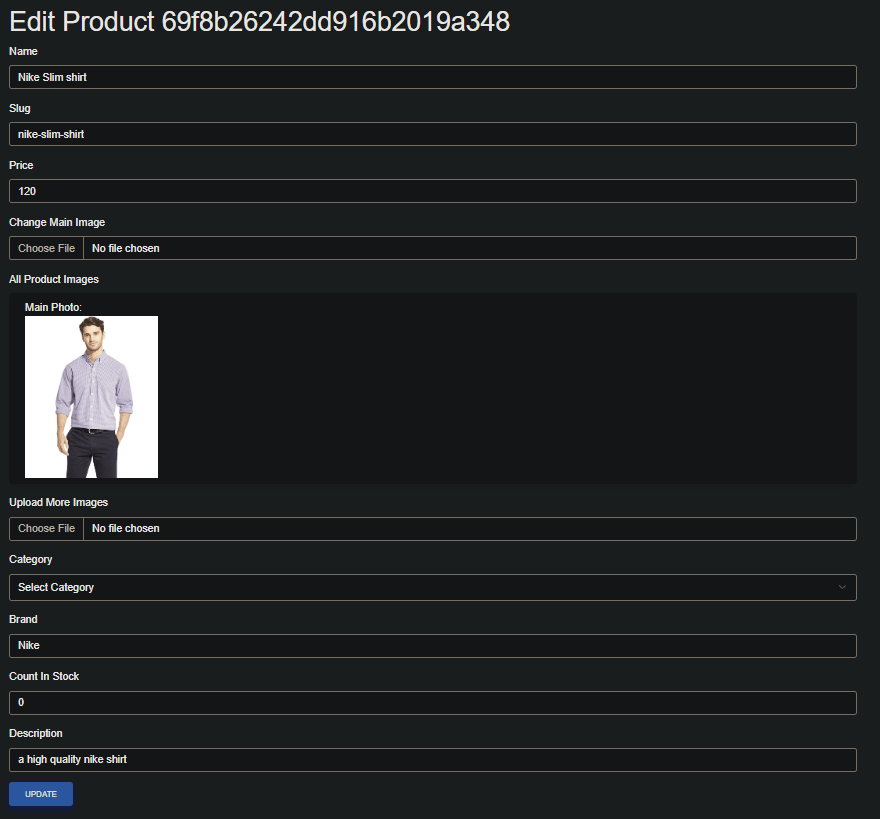 Admin edit product page with fields and image upload